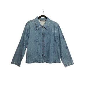 New Direction 90s Vintage Floral Embroidered Denim Button Up Shirt Women Large